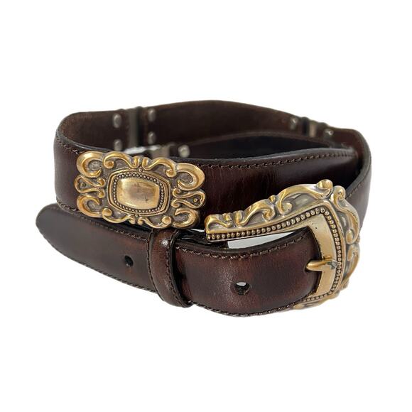 Fossil Accessories - Fossil Brown Leather Belt Western Concho Womens XL Silver Gold 90’s Y2K